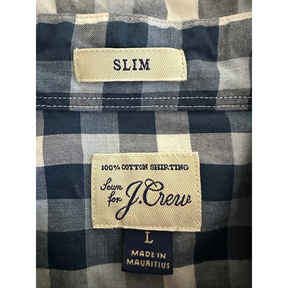 J Crew Mens Button Down Shirt Blue White Check Gingham Long Sleeve Cotton Size L